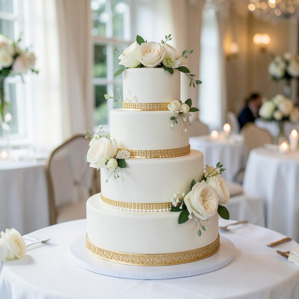 Torta de bodas de tres pisos en blanco con flores y detalles dorados