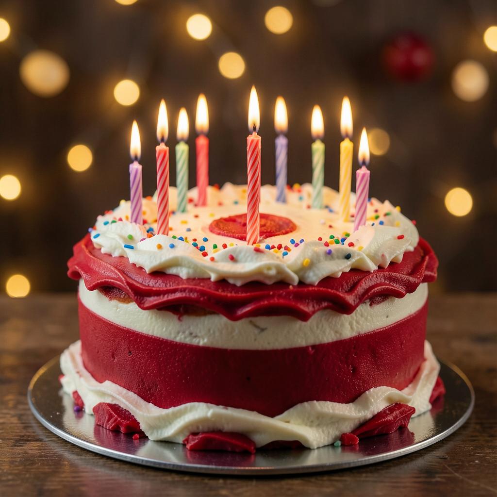 Torta de cumpleaños con velas encendidas y decoración roja y crema