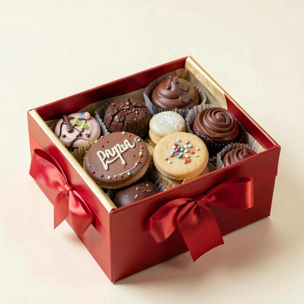 Caja de regalo roja con galletas decoradas y bombones artesanales