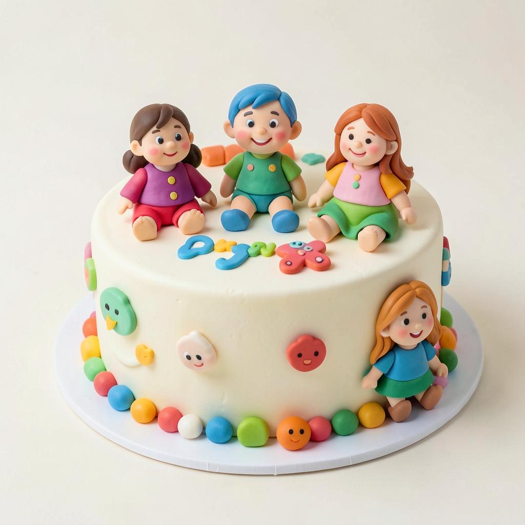 Torta infantil decorada con figuras de fondant de colores