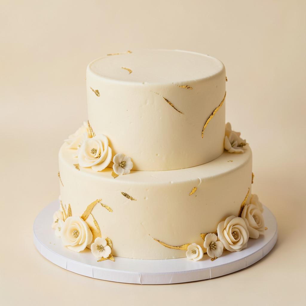 Torta personalizada de dos pisos con flores de azúcar y detalles dorados