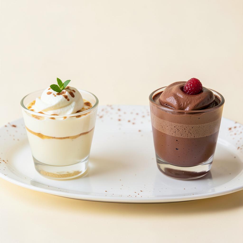 Postres individuales en vasos de vidrio sobre plato blanco