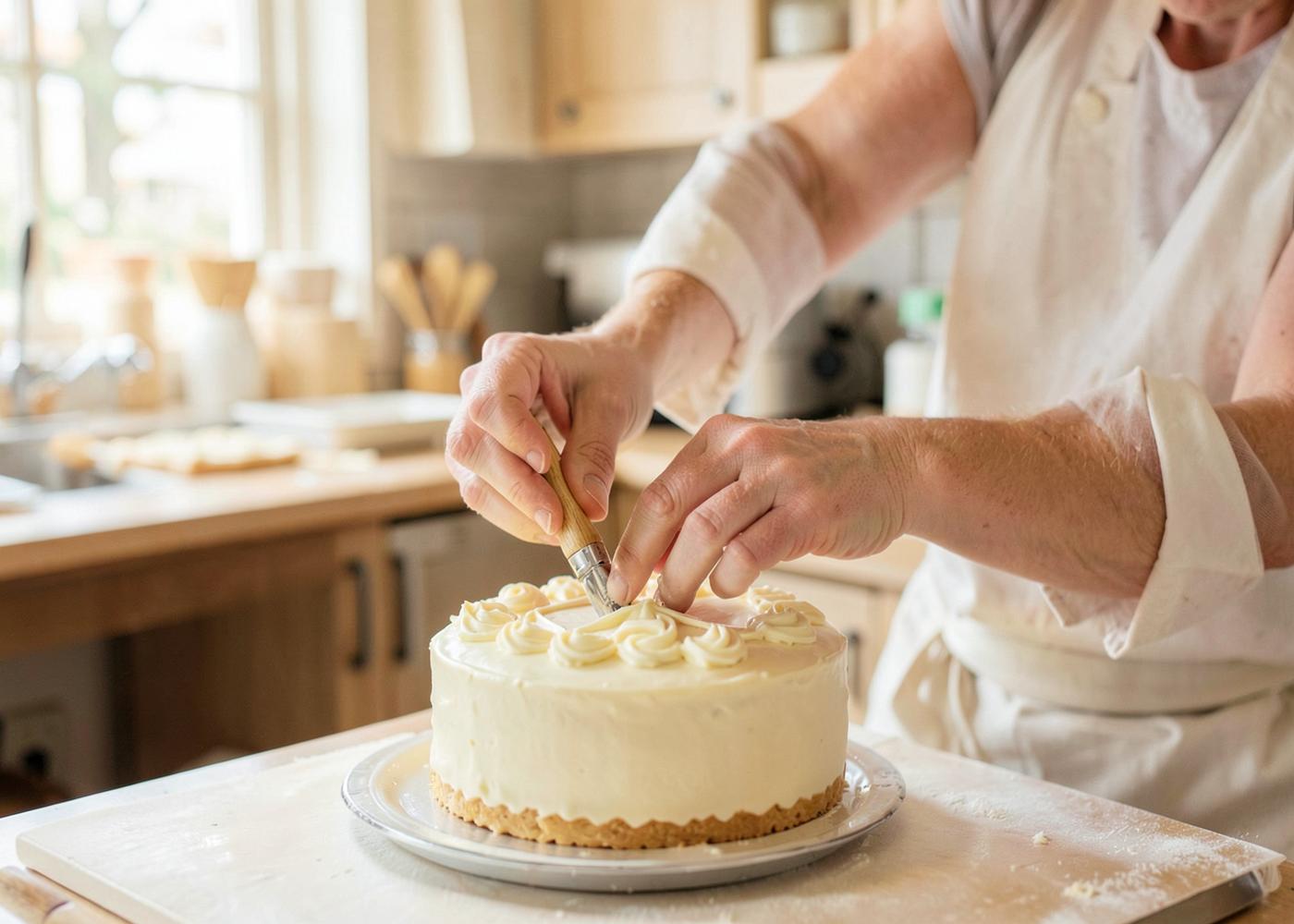 Manos decorando una torta artesanal en una cocina luminosa