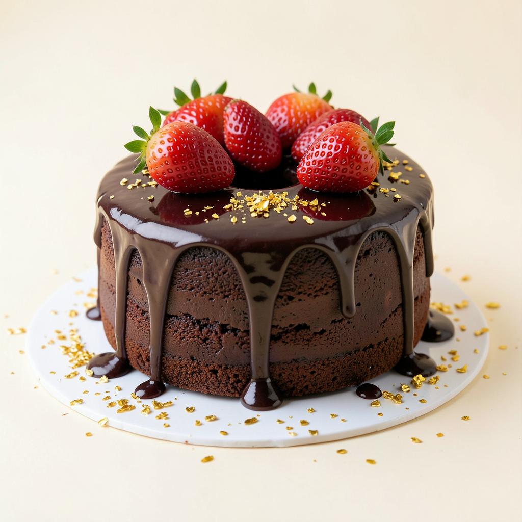 Torta de chocolate con ganache, fresas frescas y hojuelas doradas