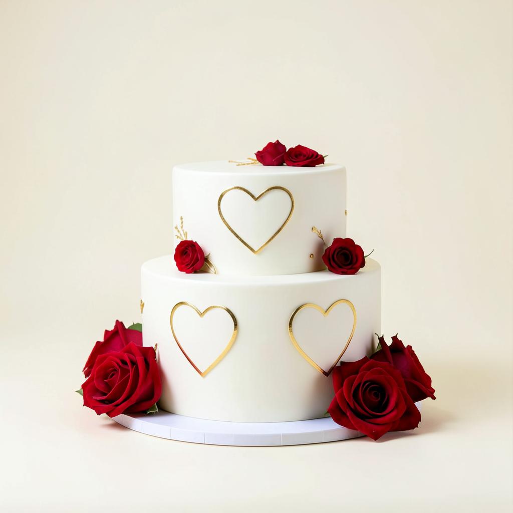 Torta blanca de dos pisos con corazones dorados y rosas rojas