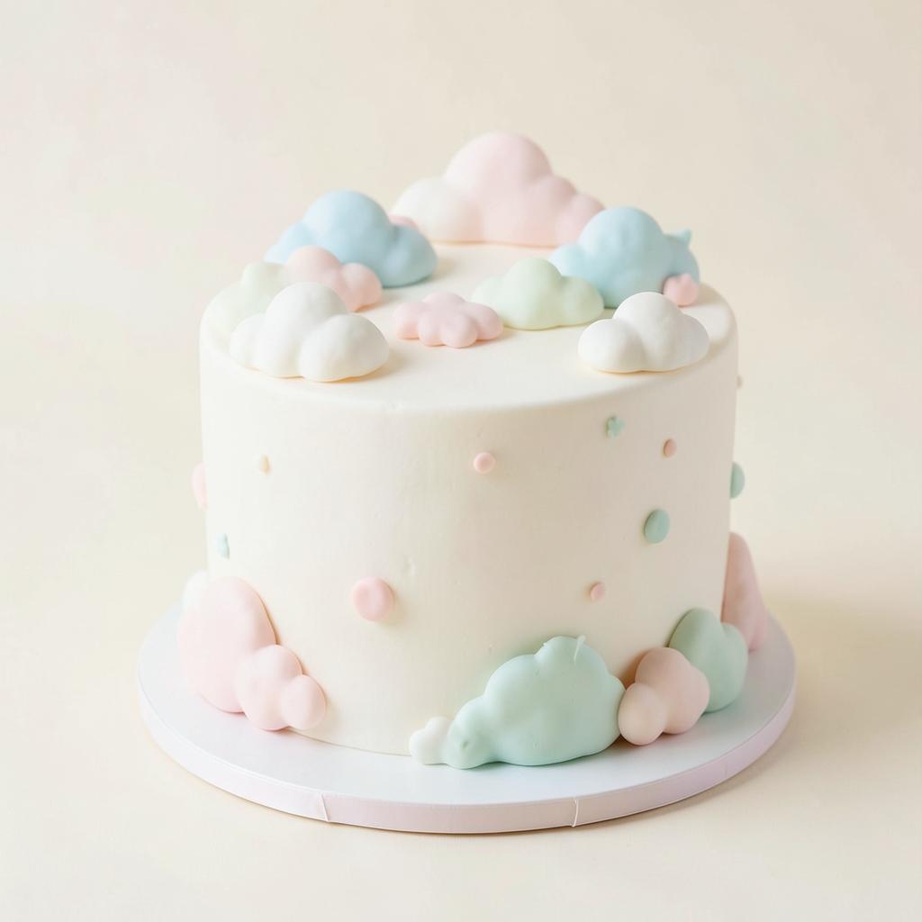 Torta de baby shower con nubes de fondant en tonos pastel