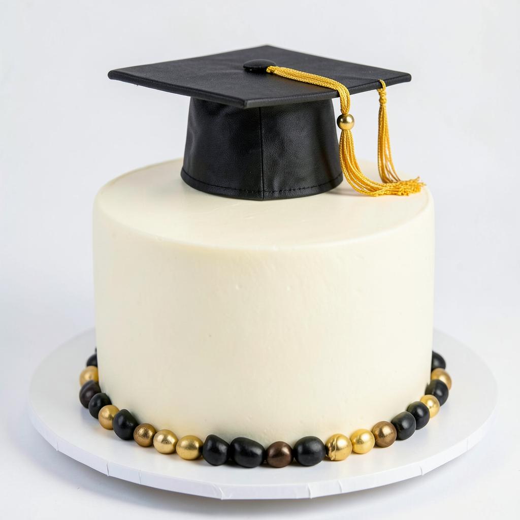 Torta de graduación con birrete negro y perlas doradas
